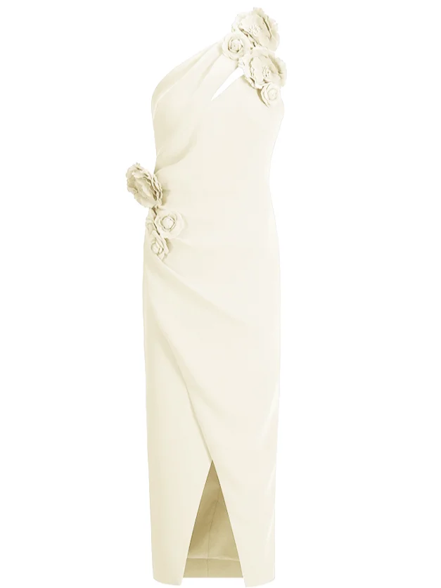 Cream White 3D Floral One-Shoulder Sheath Midi Dress