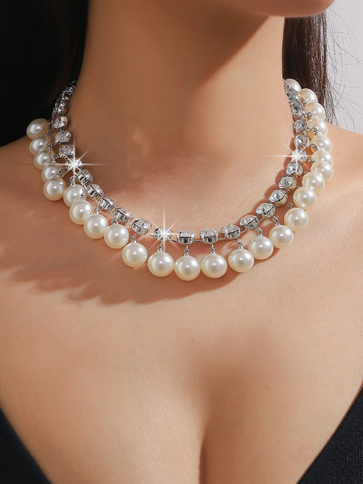 Elegant Imitation Pearl Rhinestone Double Layer Necklace