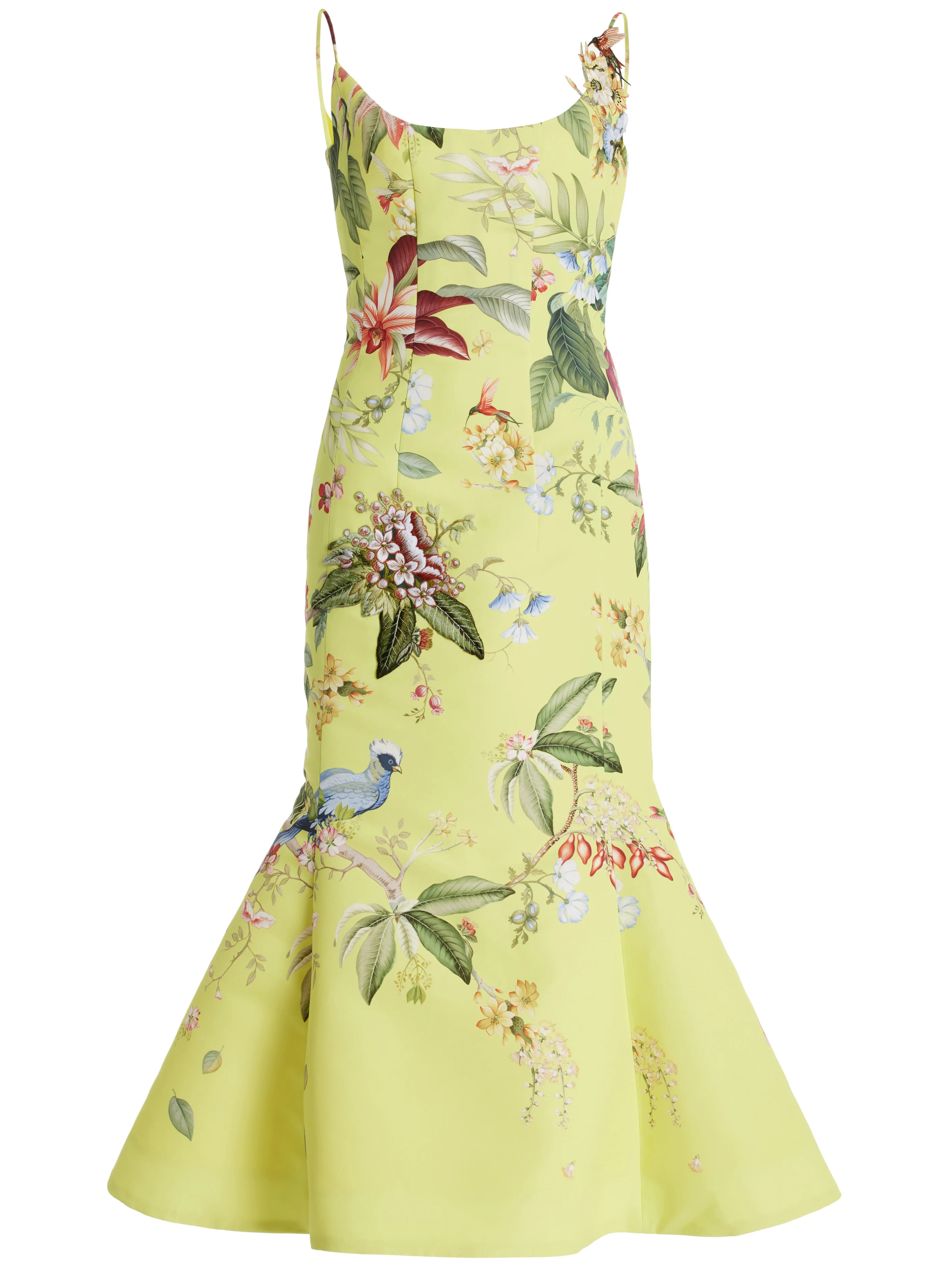Yellow Floral Applique Spaghetti Mermaid Midi Dress 