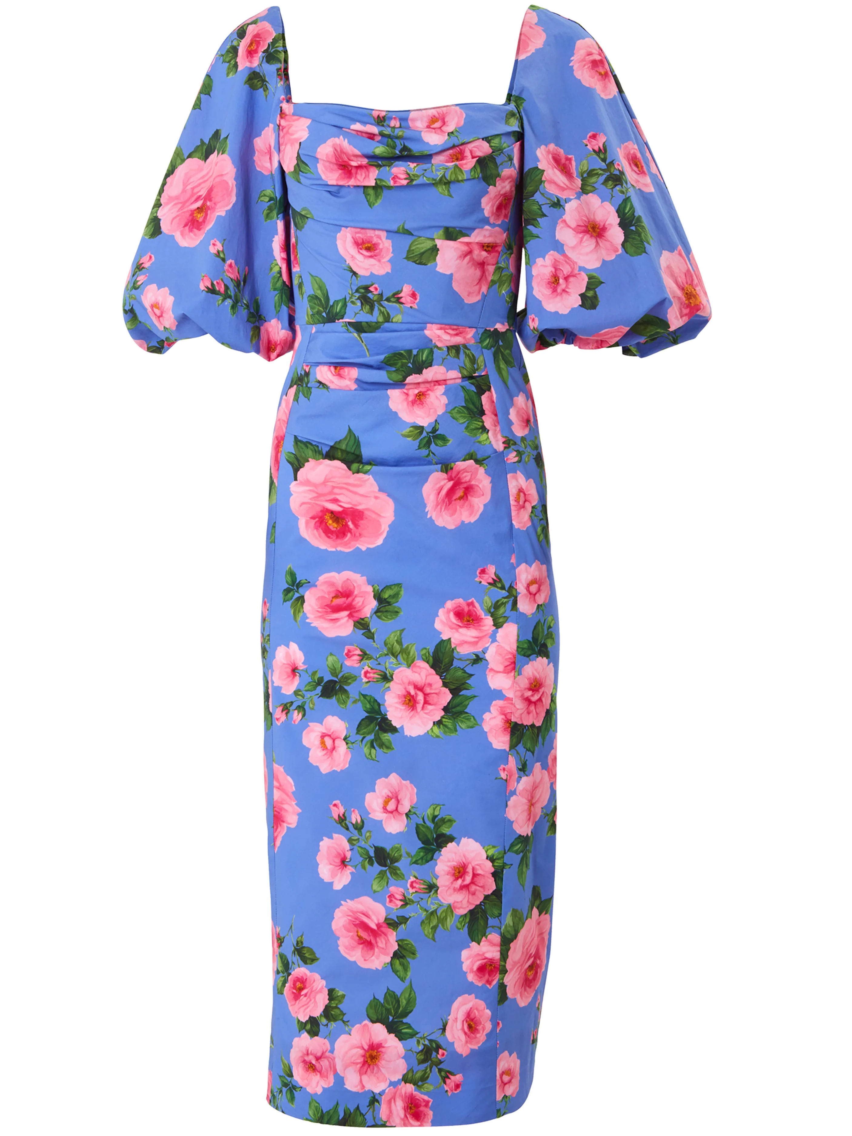 Blue Floral Square Neck Puff Sleeve Sheath Midi Dress