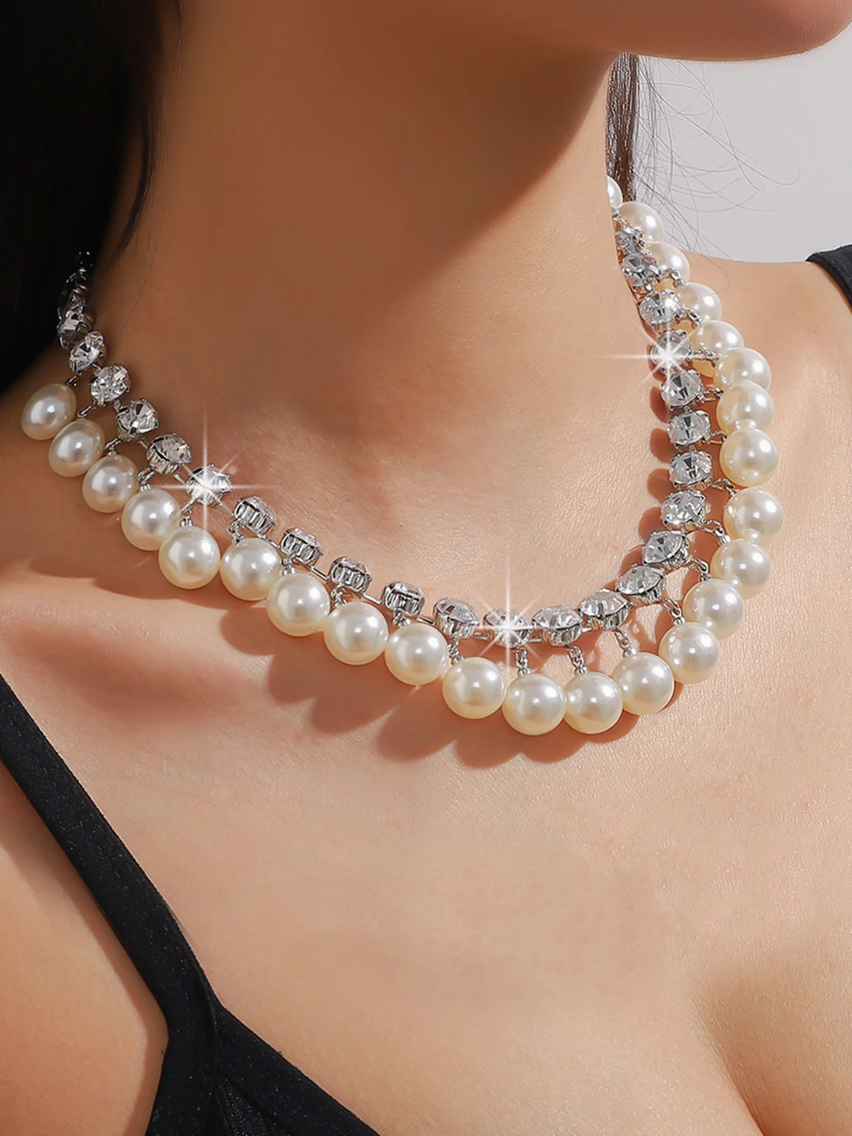 Elegant Imitation Pearl Rhinestone Double Layer Necklace