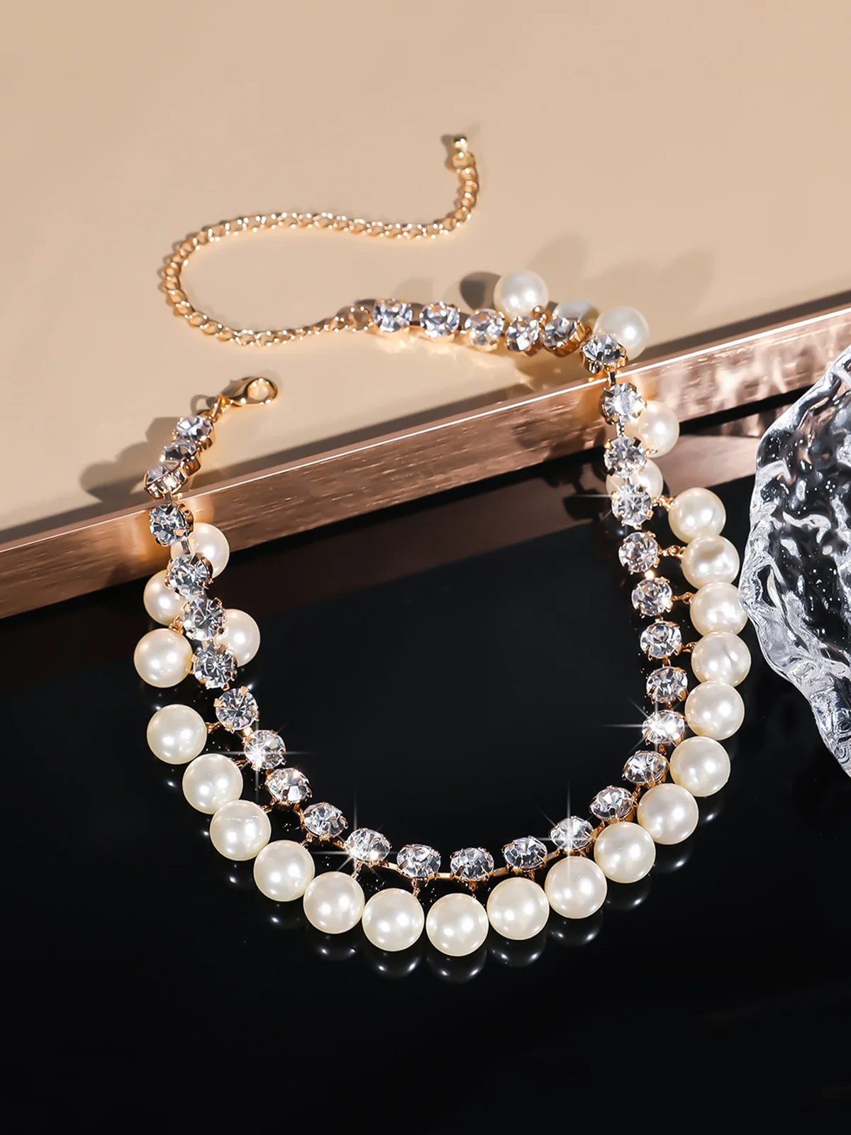 Elegant Imitation Pearl Rhinestone Double Layer Necklace