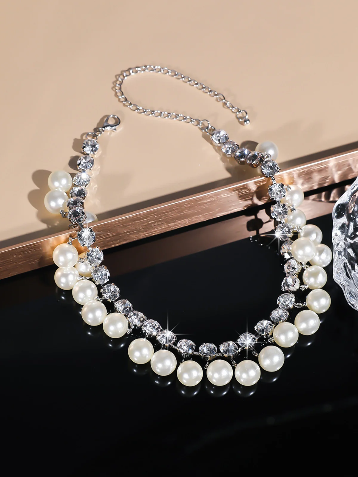 Elegant Imitation Pearl Rhinestone Double Layer Necklace