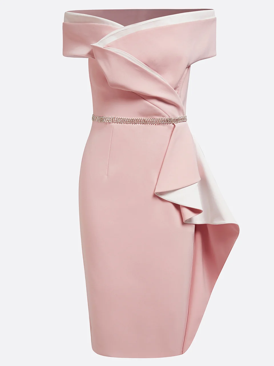 Pink Rheinstone Ruffled Off The Shoulder Sheath Midi Dress 