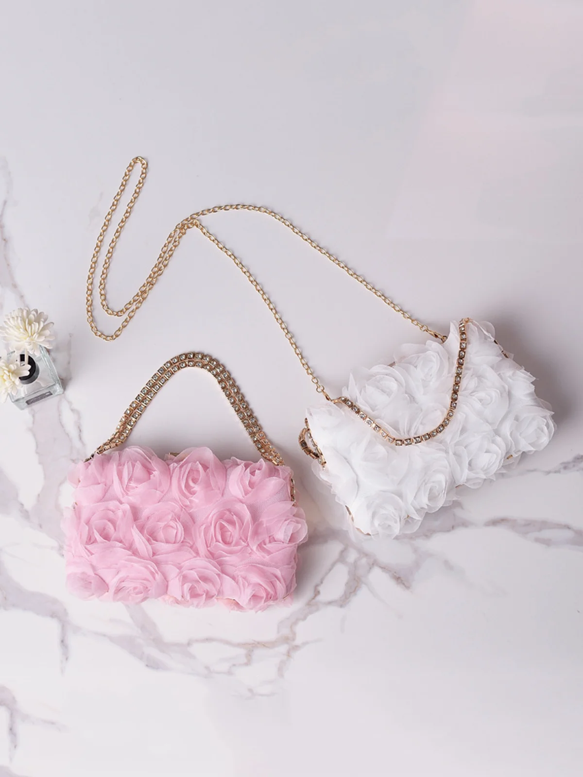 Elegant Mesh Rose Applique Clutch Bag with Rhinestone Handle