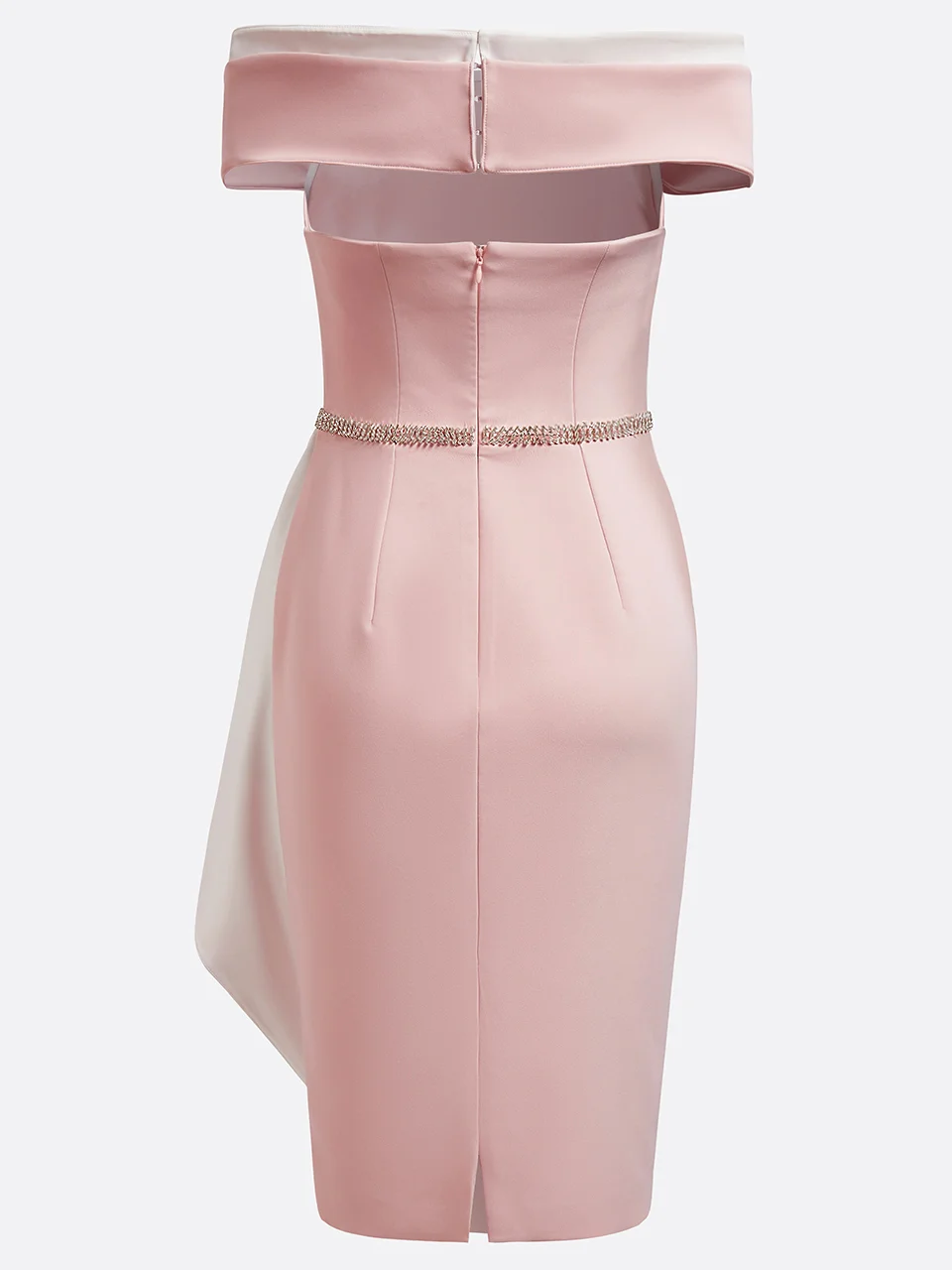 Pink Rheinstone Ruffled Off The Shoulder Sheath Midi Dress 