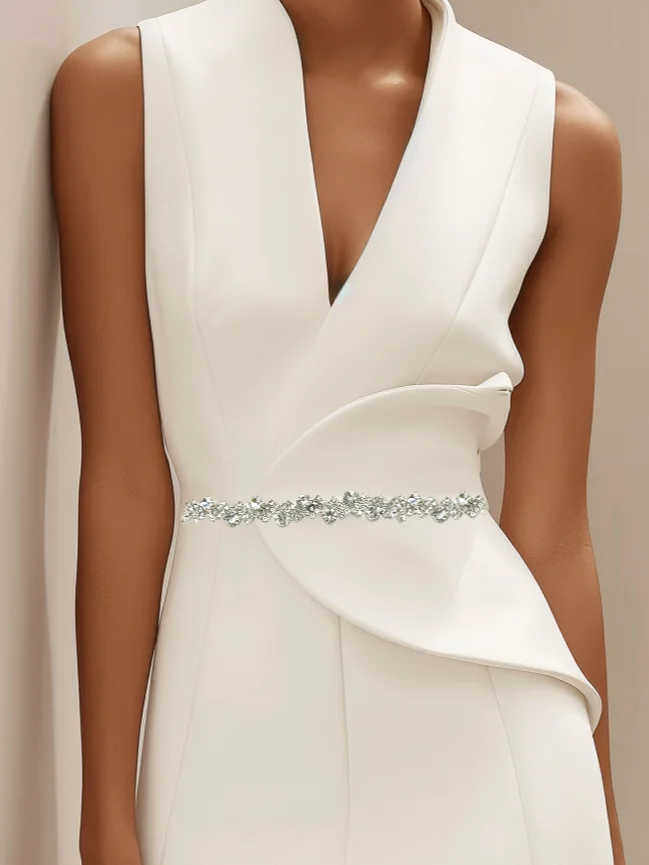 White V Neck Sleeveless Rhinestone A-Line Midi Dress