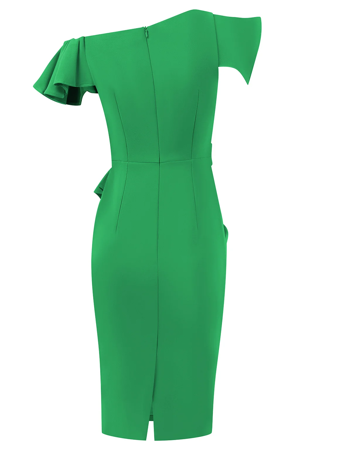 Green Ruched One Shoulder Short Sleeve Sheath Midi Dress