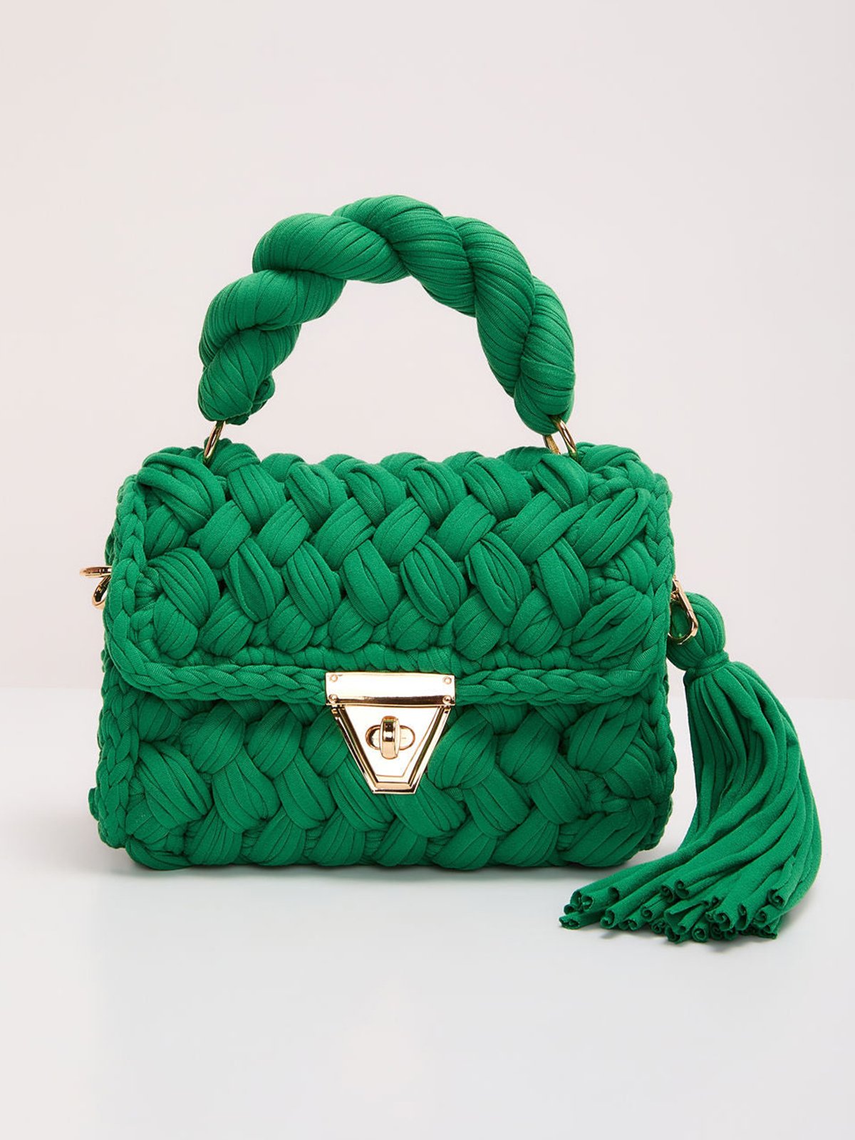 Handmade Braided Top Handle Bag with Removable Metal Chain Strap