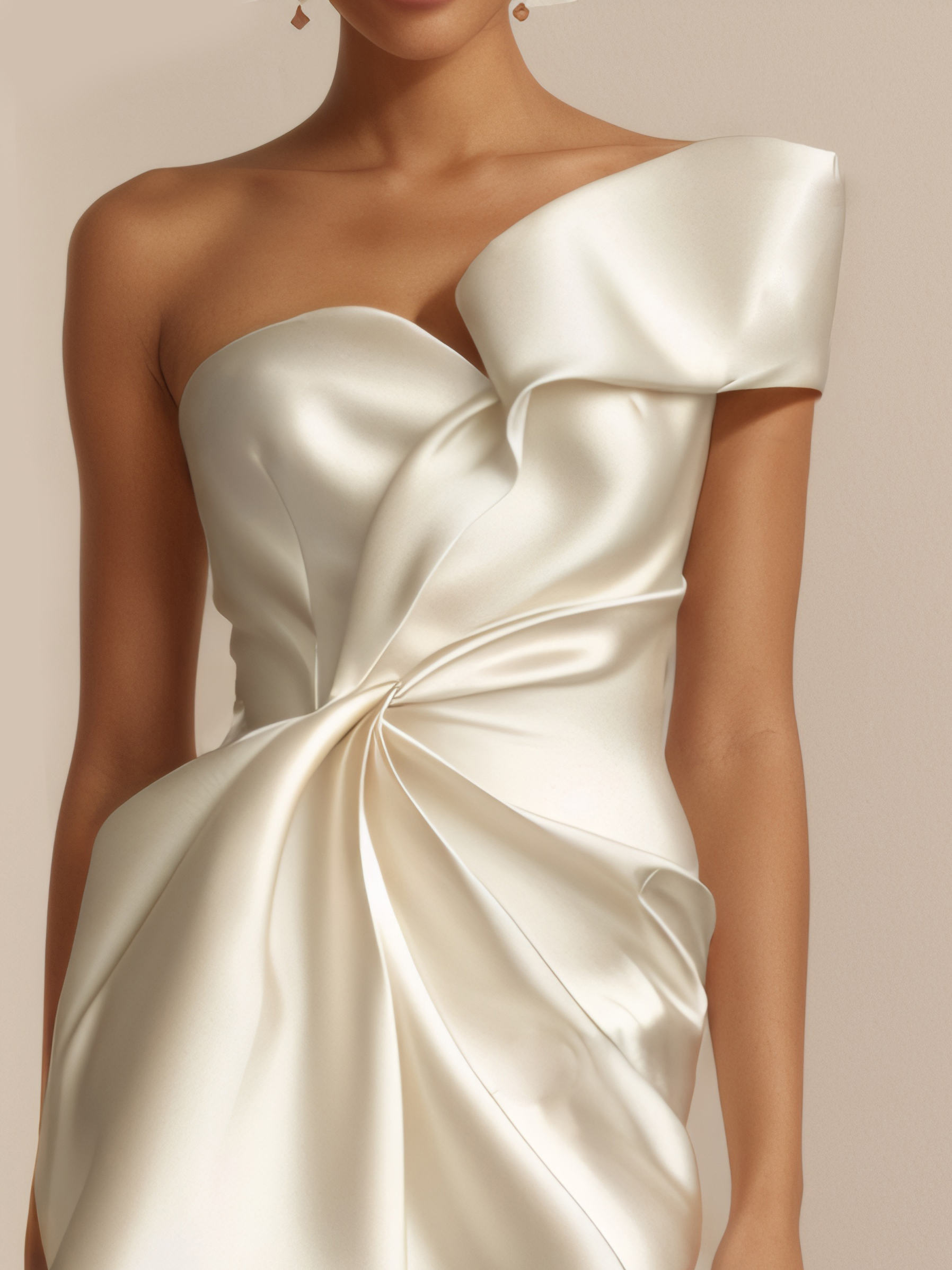 Off-White One-Shoulder Ruched Satin Sheath Mini Dress