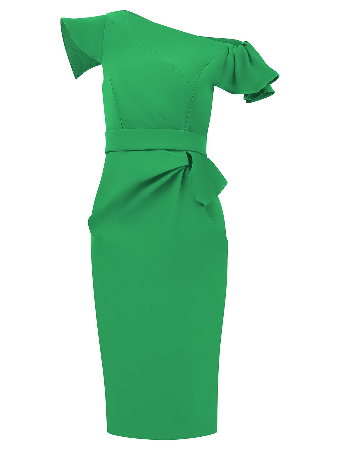 Green Ruched One Shoulder Short Sleeve Sheath Midi Dress