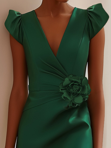 Green Petal Sleeve 3D Floral Sheath Midi Dress