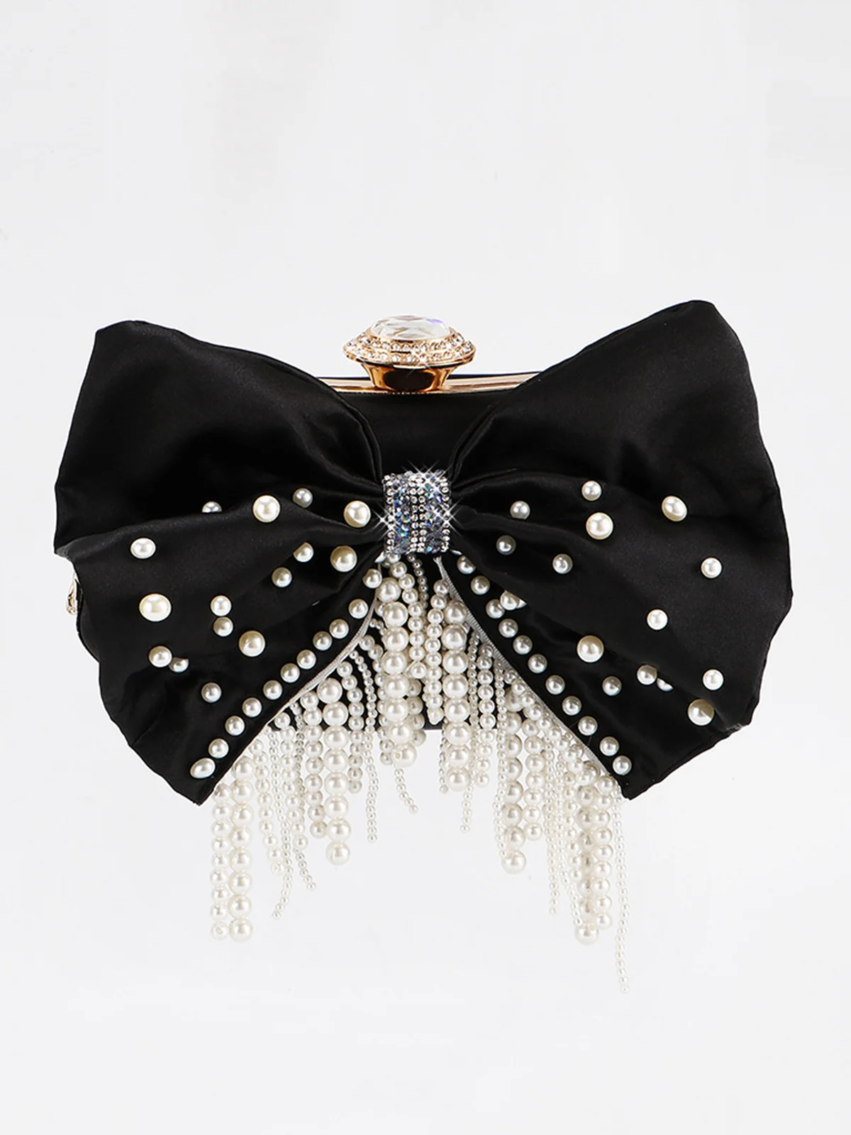 Elegant Bowknot Faux Pearl Fringed Clutch with Detachable Metal Chain Strap