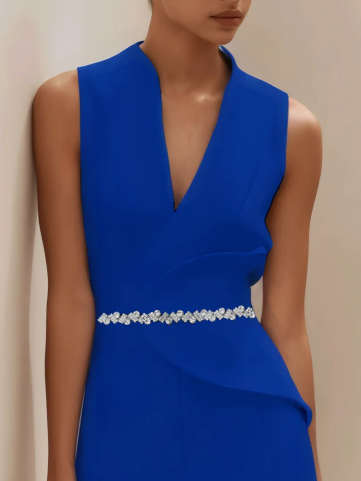 Deep BlueV Neck Sleeveless Rhinestone A-Line Midi Dress