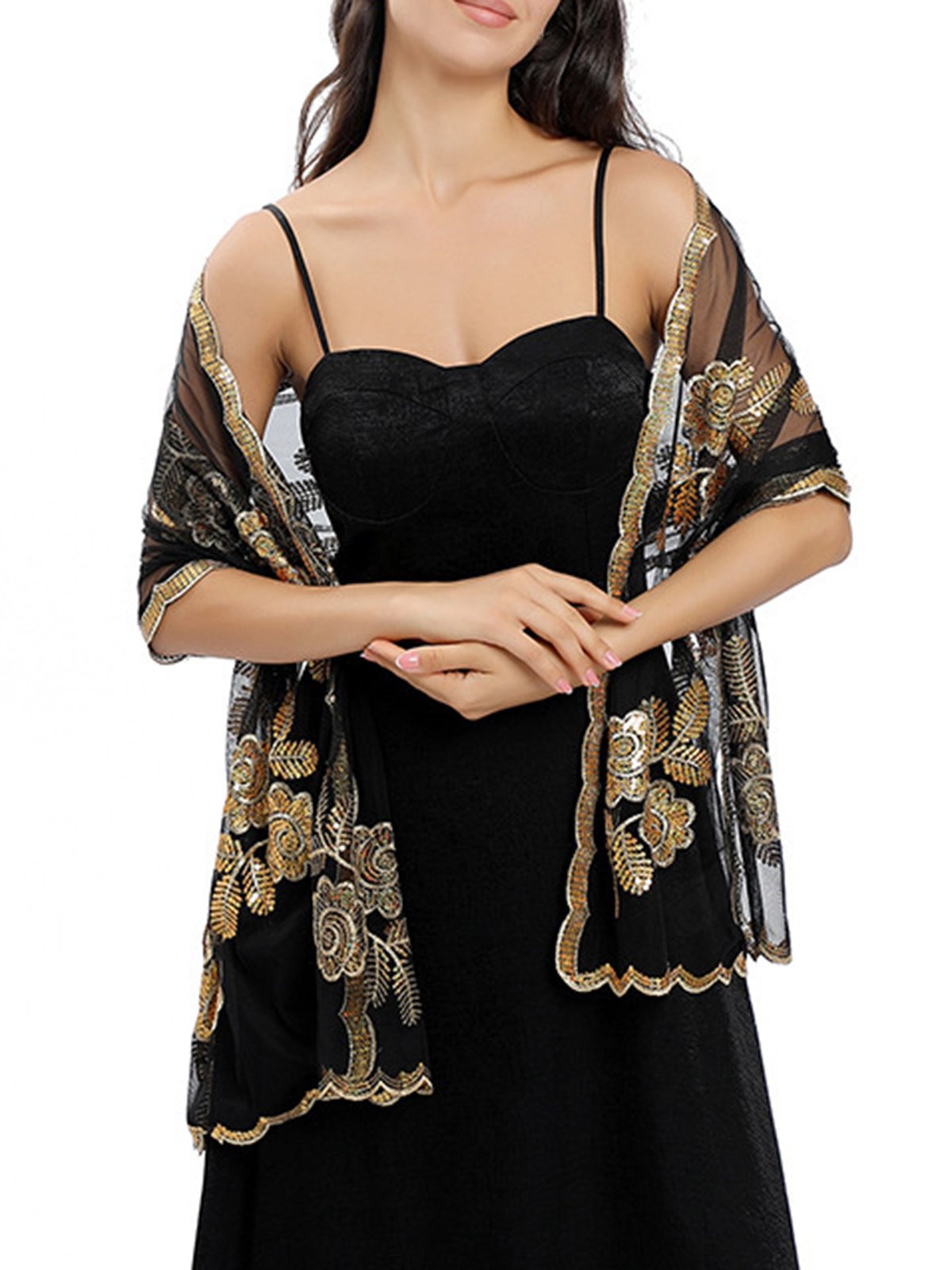 Elegant Floral Embroidered Sequin Party Wrap