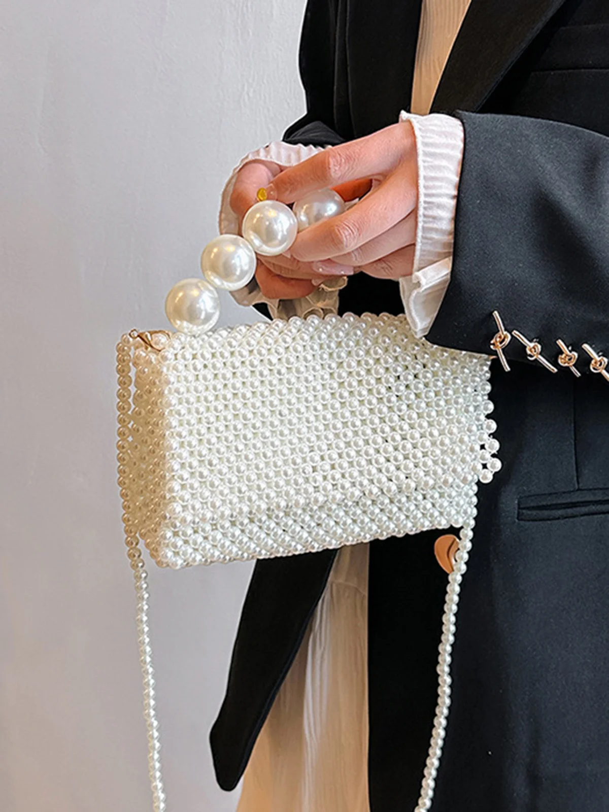 Elegant Imitation Pearl Beaded Handbag with Detachable Crossbody Strap