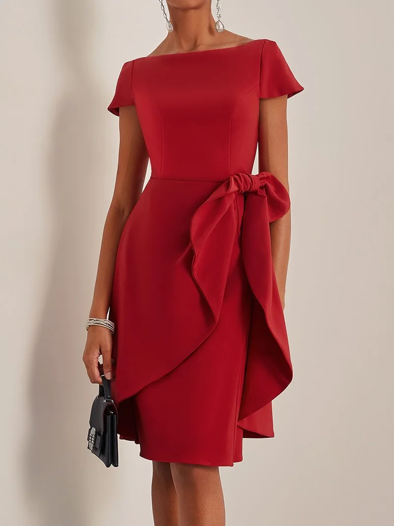 Red Bow Boat Neck Short Sleeve A-Line Midi Dress