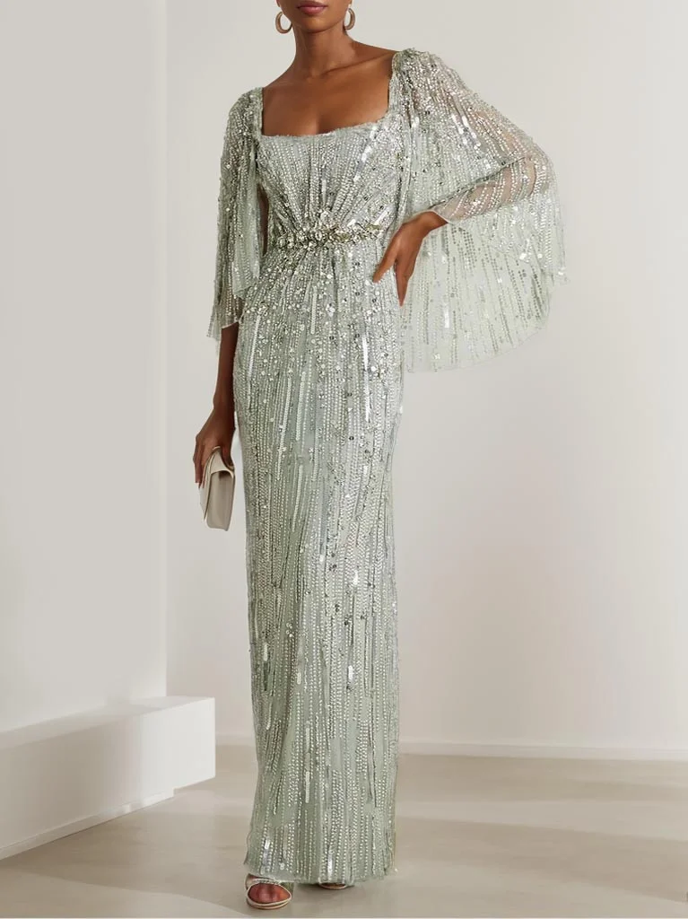 Silver Sequin Square Neck Three Quarter Sleeve Maxi Dress