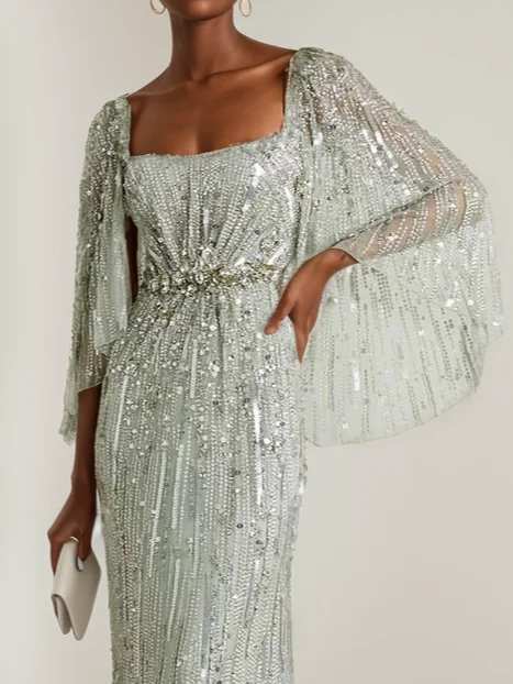 Silver Sequin Square Neck Three Quarter Sleeve Maxi Dress