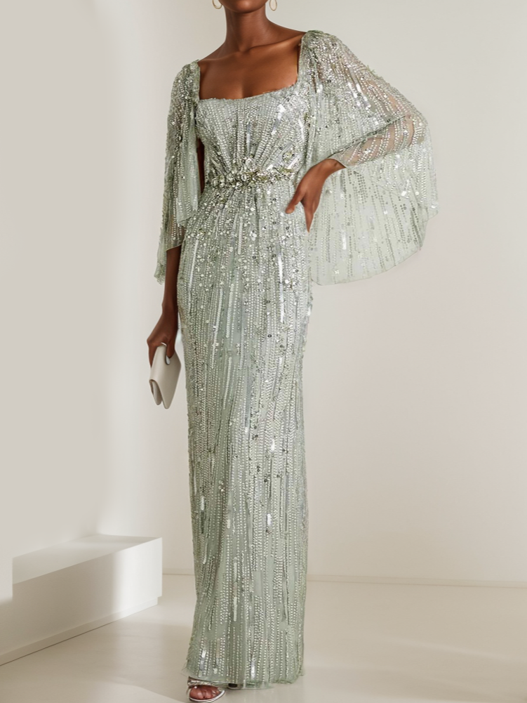 Silver Sequin Square Neck Three Quarter Sleeve Maxi Dress