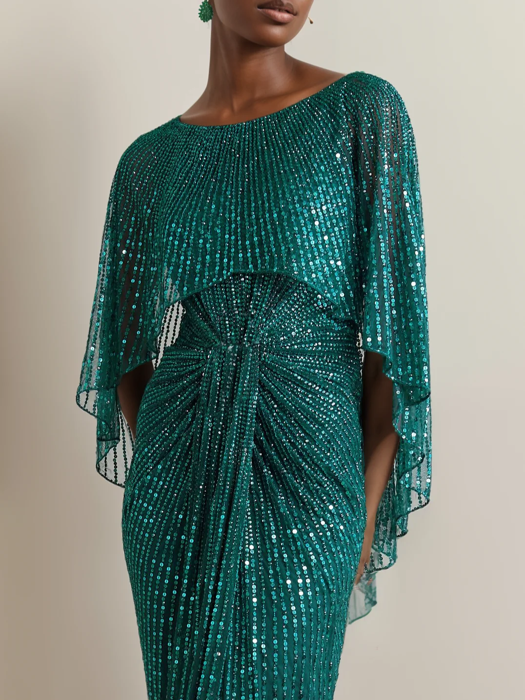 Green Sequin Dolman Sleeve Sheath Maxi Dress