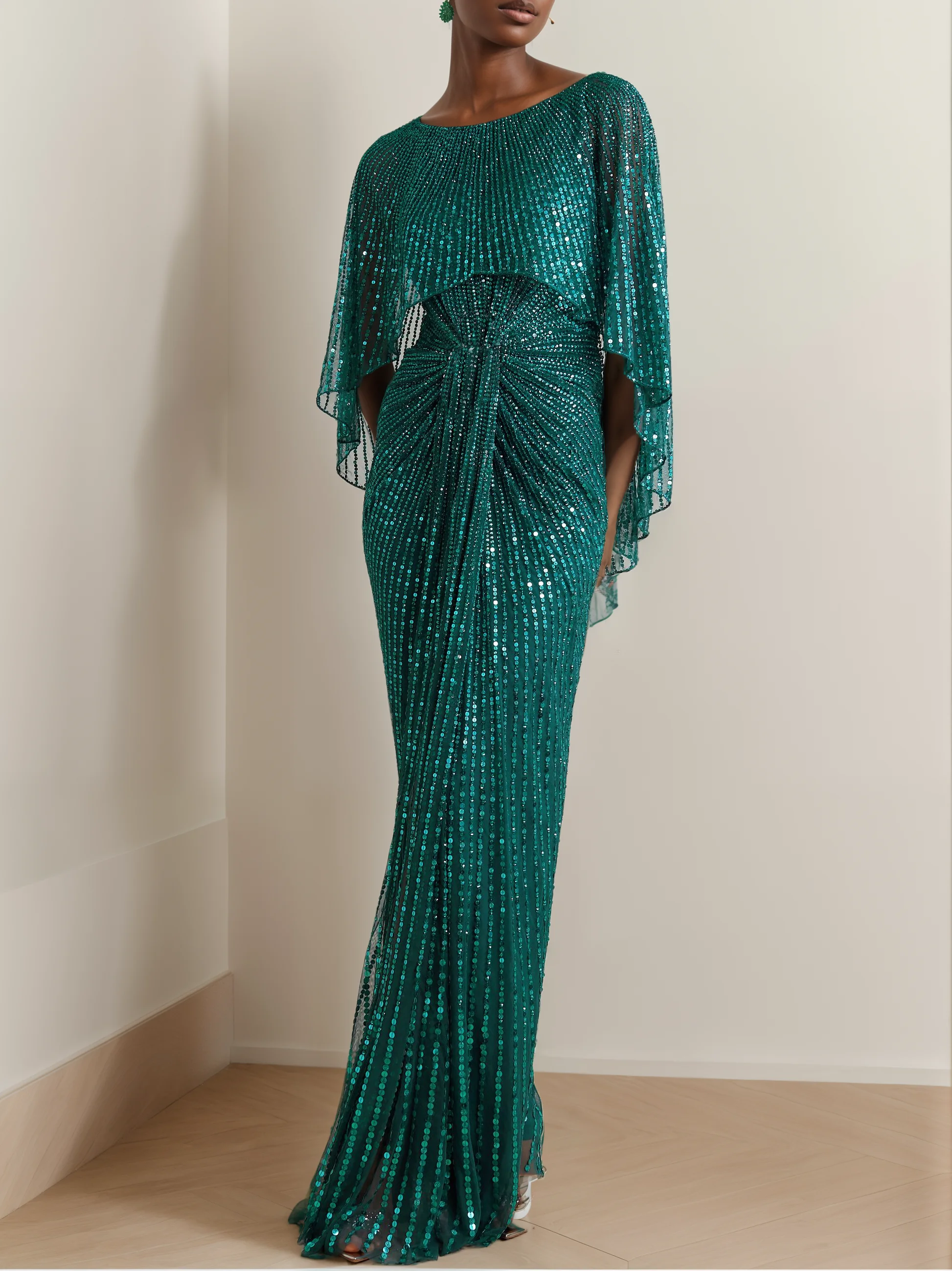 Green Sequin Dolman Sleeve Sheath Maxi Dress