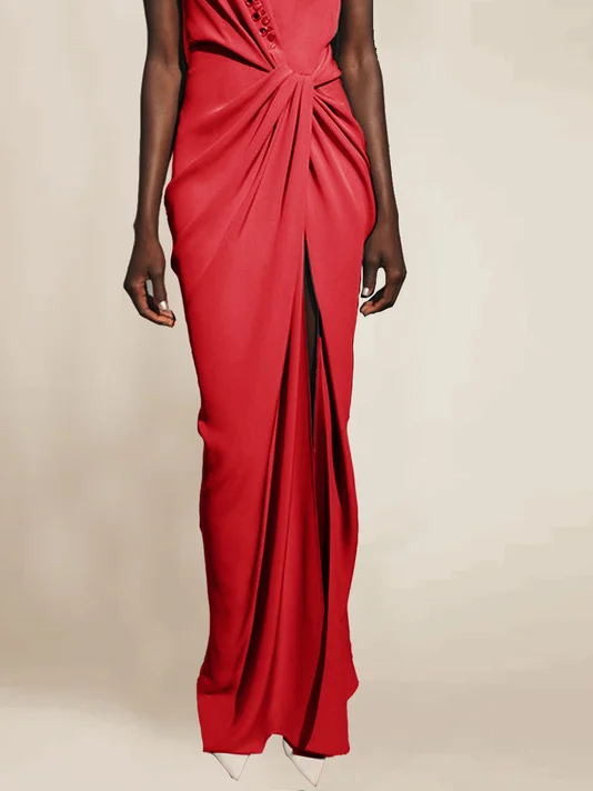 Red Halter Rhinestones Knot Front Slit Sheath Maxi Dress 