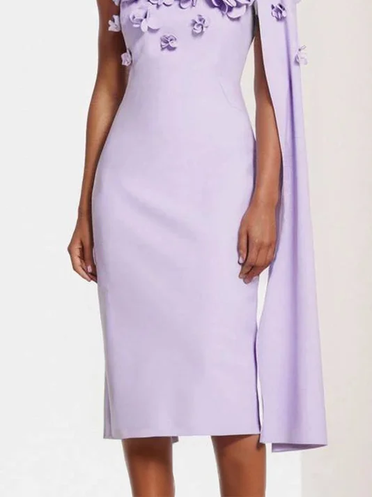 Purple 3D Floral One Shoulder Removable Sleeve Sheath Midi Dress