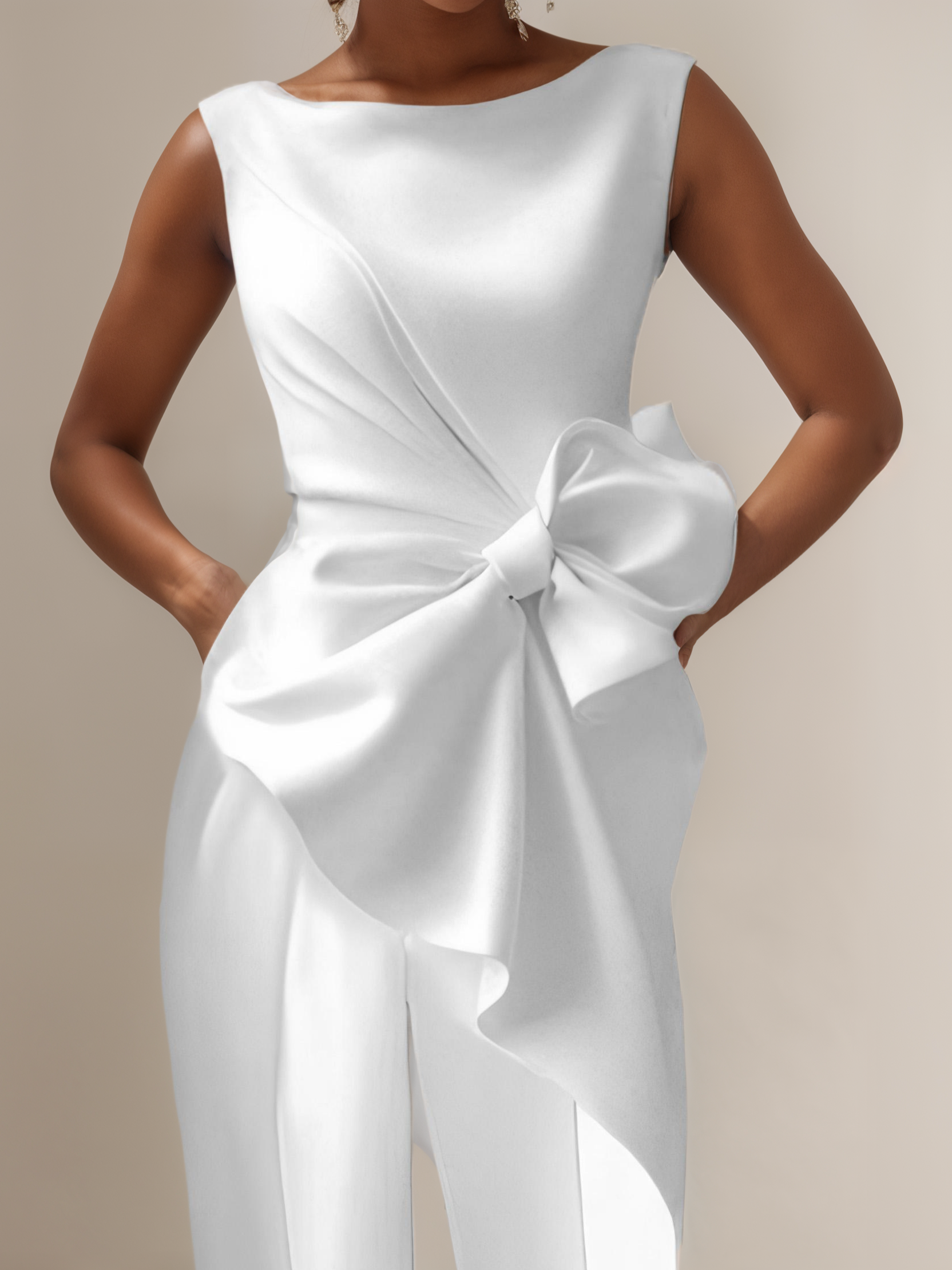 Women White Bow Sleeveless Jumpsuit