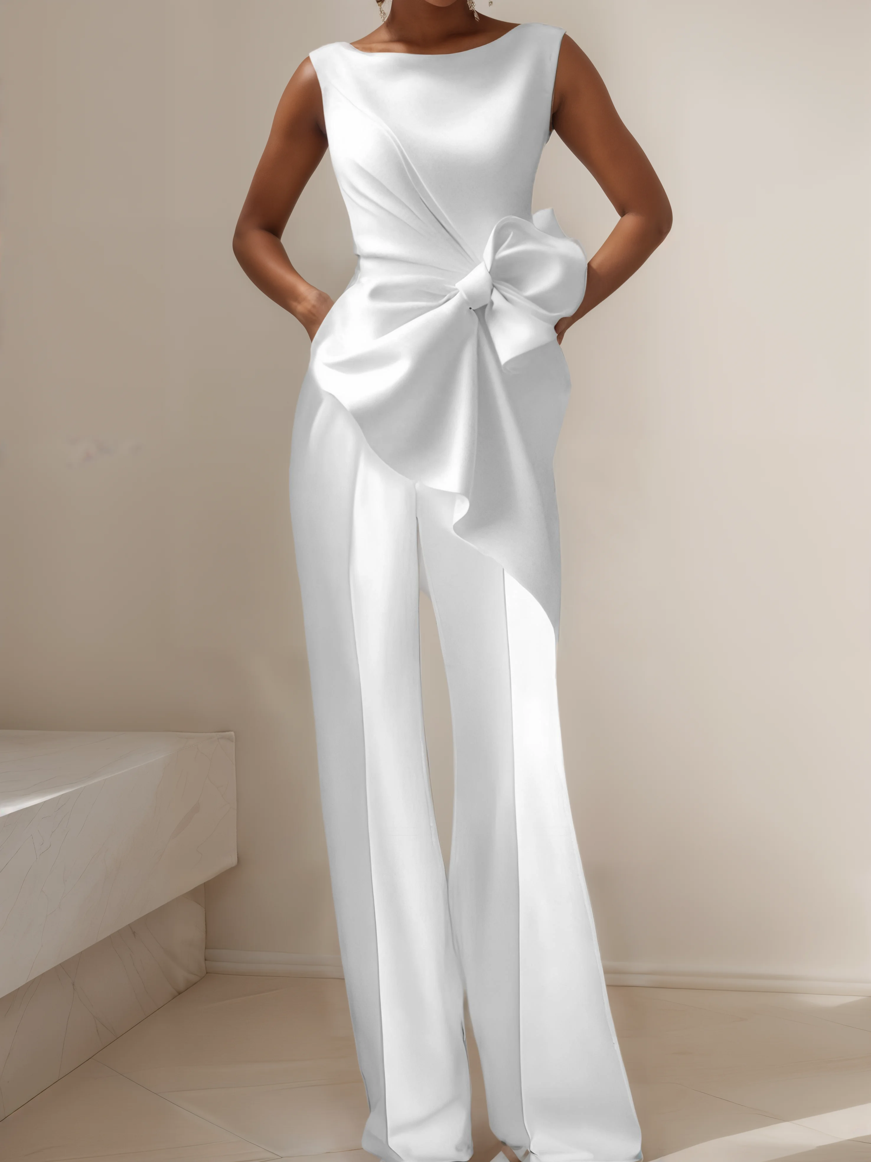 Women White Bow Sleeveless Jumpsuit