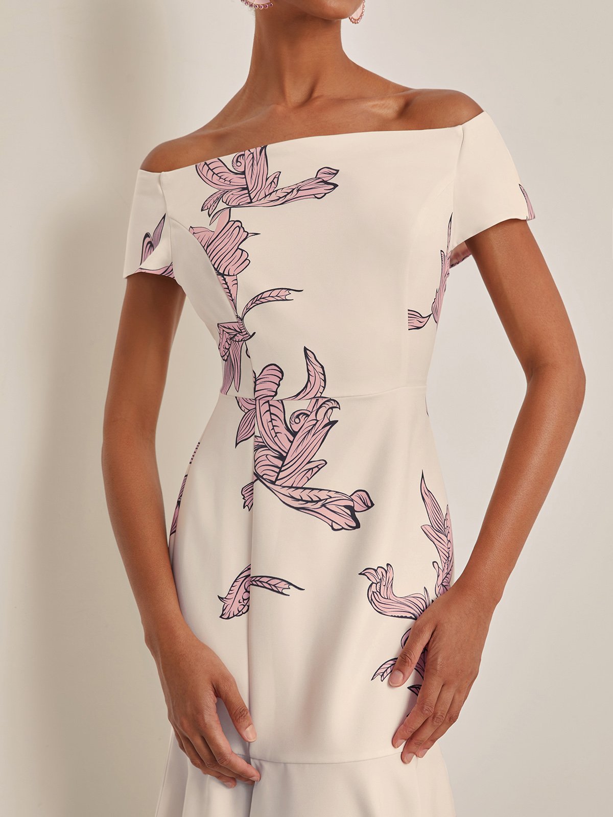 Apricot White Floral Off The Shoulder Mermaid Midi Dress