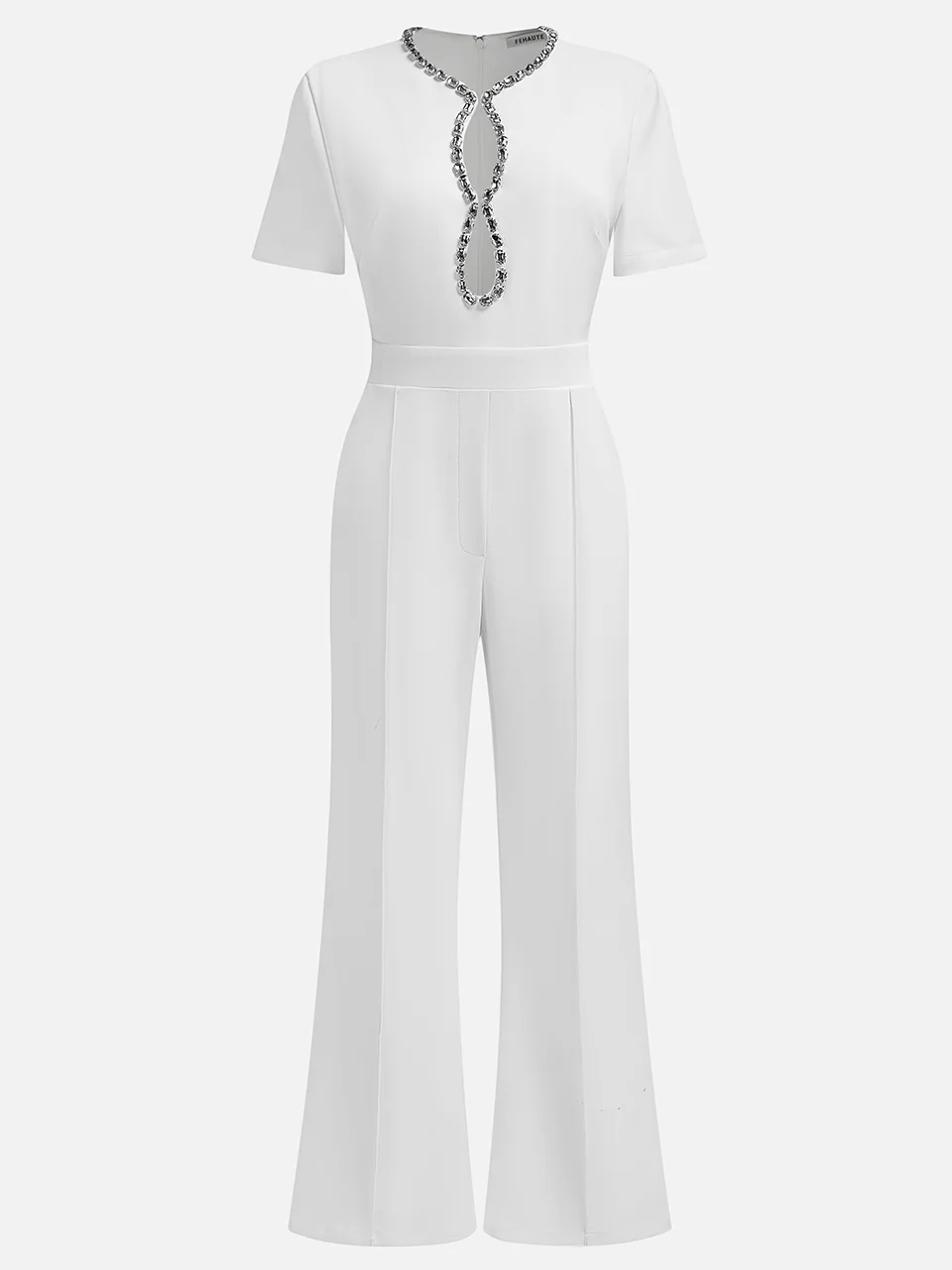 Women White Cut Out Short Sleeve Rheinstone Jumpsuit 