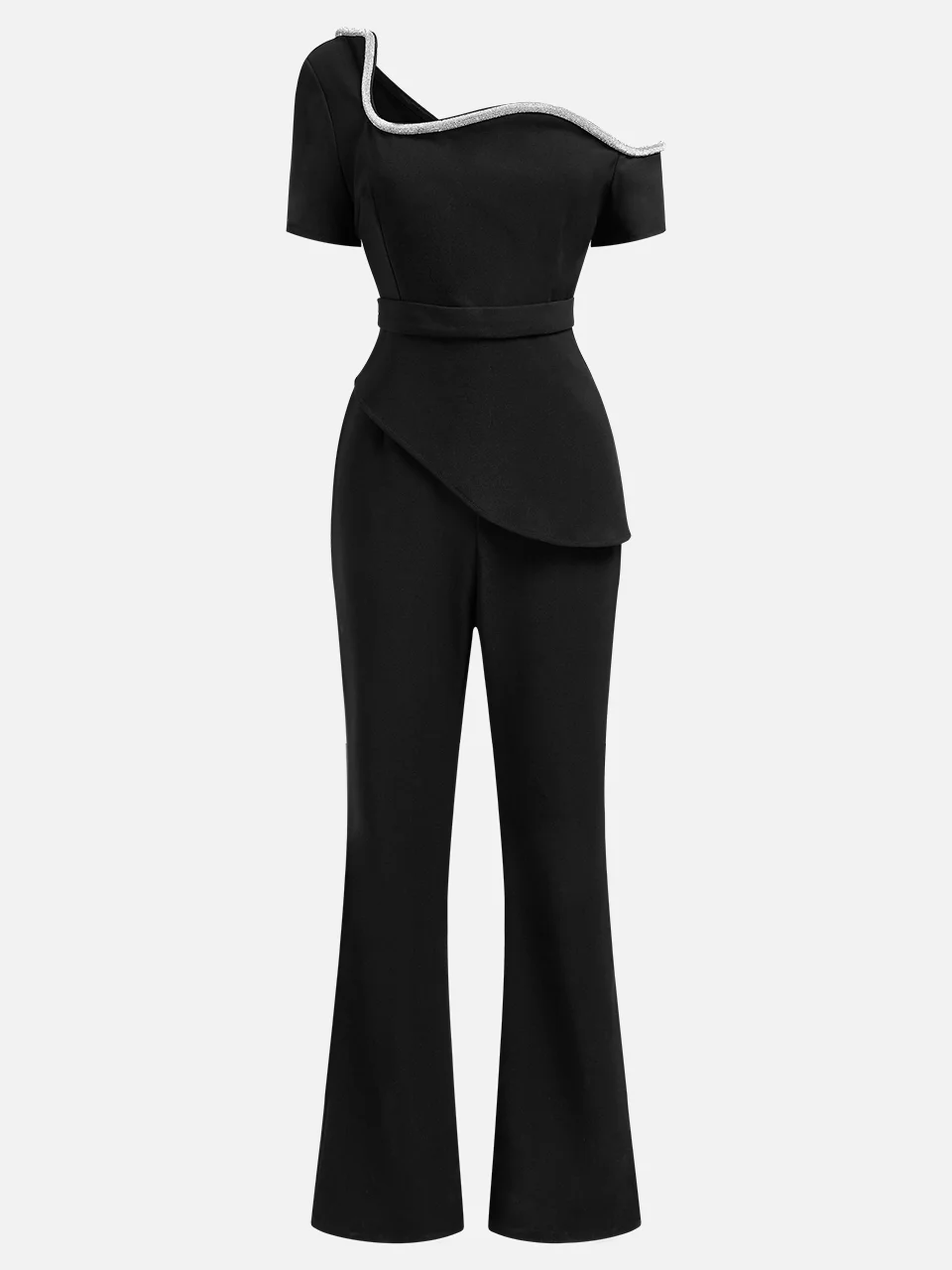 Women Black Asymmetrical Rheinstone Wide-Leg Jumpsuit