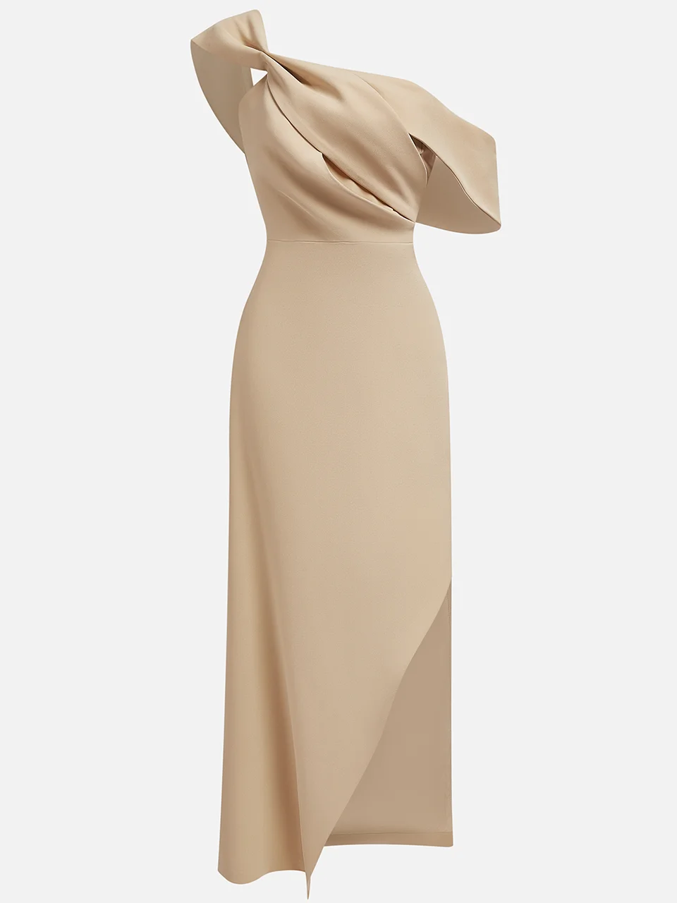 Khaki Boat Neck Sleeveless Maxi Dress with Ruched