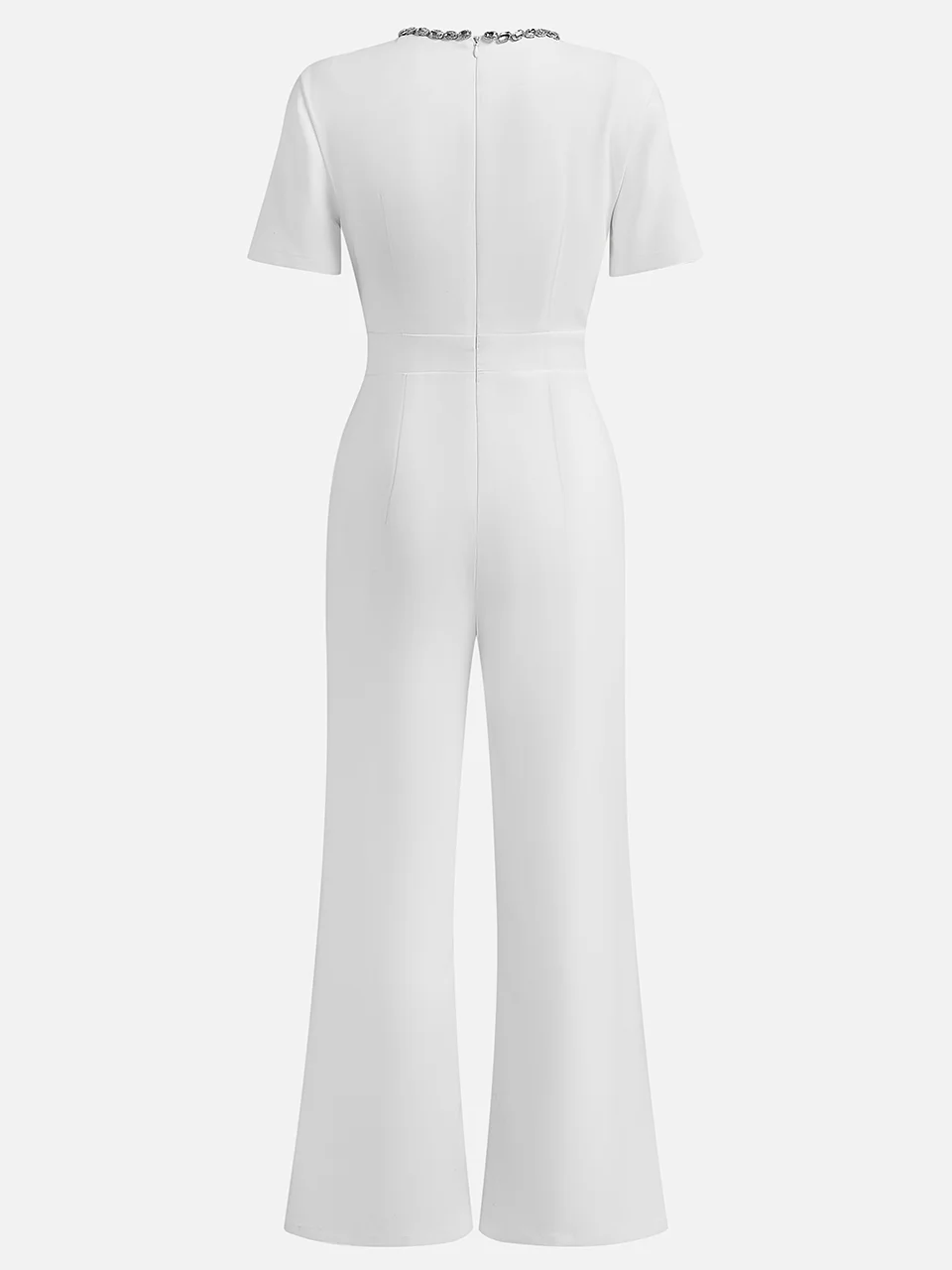 Women White Cut Out Short Sleeve Rheinstone Jumpsuit 