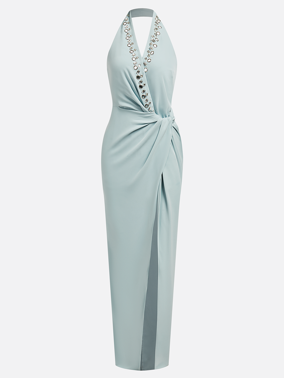 Blue Halter Rhinestones Knot Front Slit Sheath Maxi Dress 