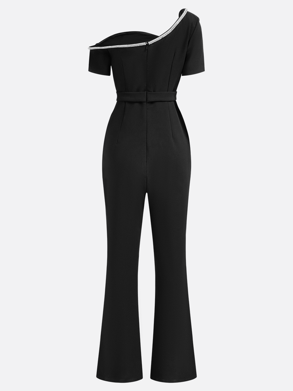 Women Black Asymmetrical Rheinstone Wide-Leg Jumpsuit