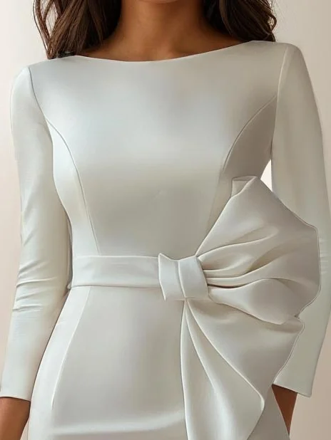 White Bow Boat Neck Three Quarter Sleeve Sheath Midi Dress