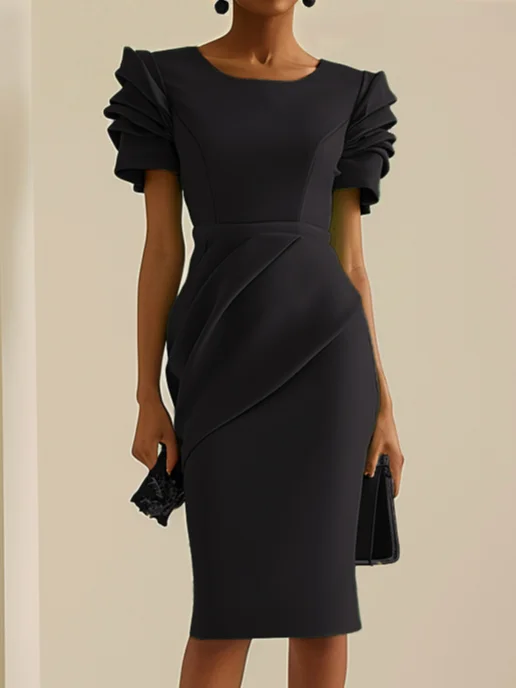 Black Short Sleeve Midi Ruched Sheath Dress