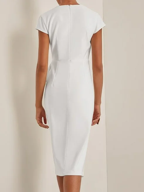 White V Neck Cap Sleeve Sheath Midi Dress