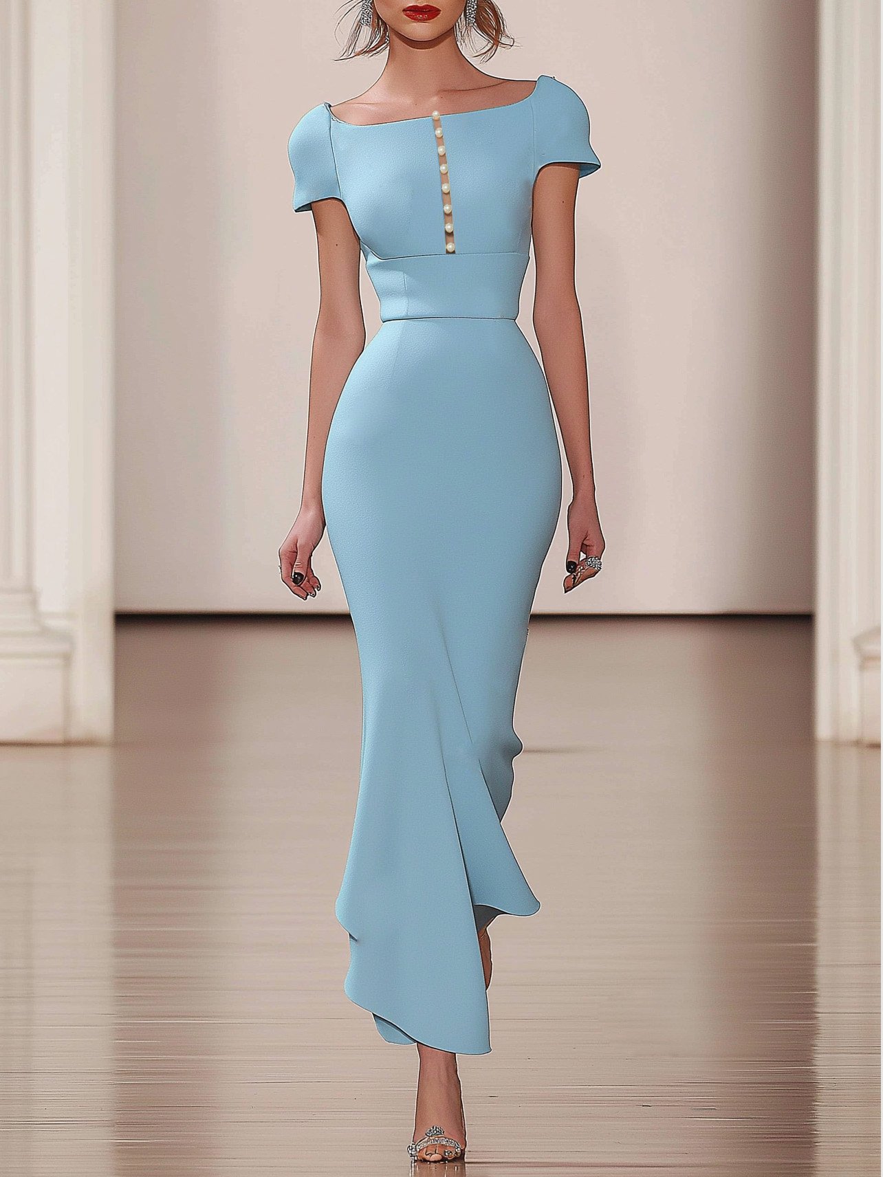 Light Blue Imitation Pearls Square Neck Short Sleeve Maxi Dress