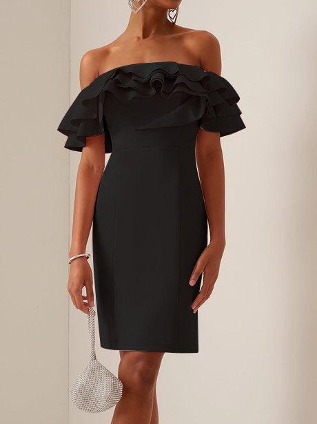 Black Off The Shoulder Ruched Sheath Midi Dress