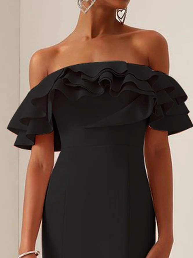 Pink Off The Shoulder Ruffled Sheath Midi Dress