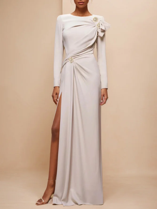 Apricot White Long Sleeve Slit Maxi Dress