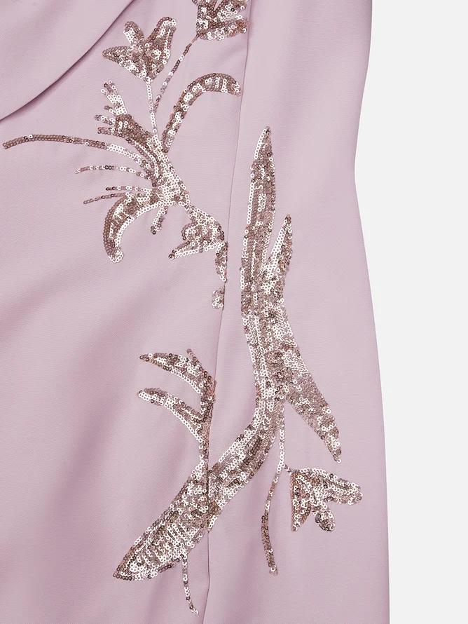 Purple High Neck Petal Sleeve Sequin Sheath Midi Dress