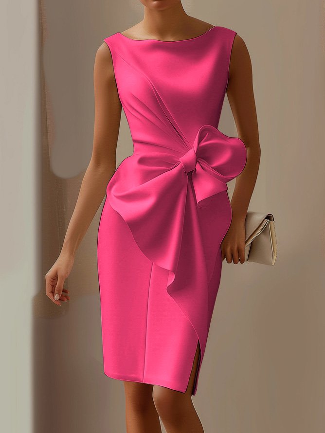 Rose Red Bow Crew Neck Sleeveless Knee Length Dress