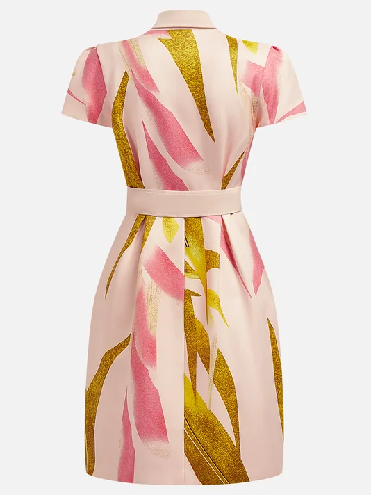 Pink Floral Short Sleeve Mini Shirt Dress With Belt