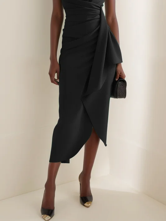 Black Cowl Neck Short Sleeve Midi Dress