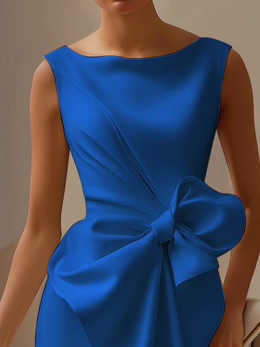 Blue Bow Crew Neck Sleeveless Knee Length Dress