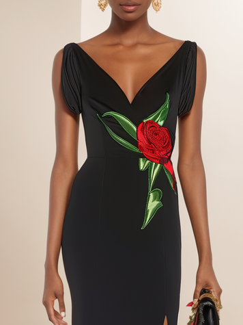 Black Floral Embroideried V Neck Sleeveless Slit Sheath Midi Dress